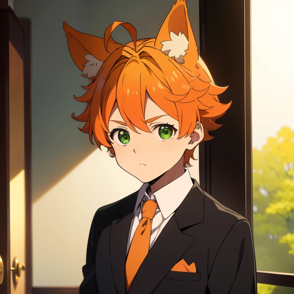 orange hair, green eyes, boy, 10 YO, animal ears, cute, shota, Formal, suit, gentleman