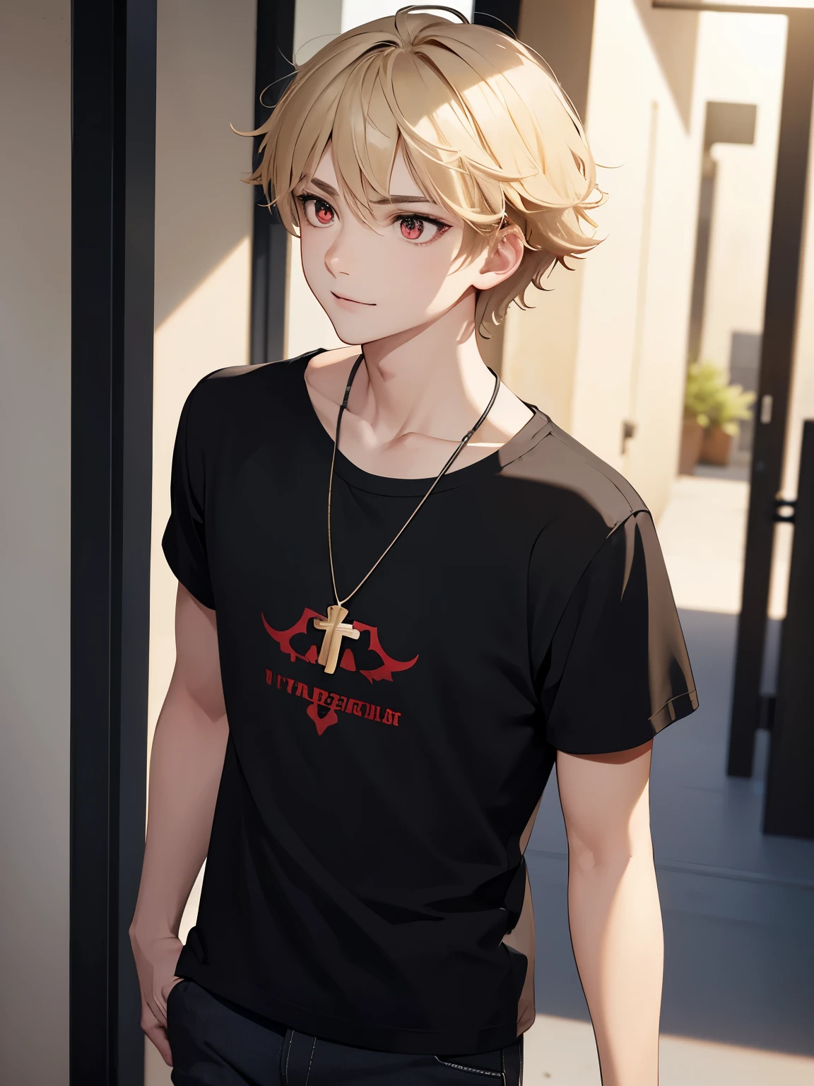 1boy,handsome,,walking,looking away,half body photo,Perfect face, slight smile,HD face, ultra detailed face, short hair, blonde hair, messy hair, bright red eyes, vampire, black t-shirt,black t-shirt,plain t-shirt,short sleeve t-shirt, black trousers, cross necklace,ultra detailed, ultra HD