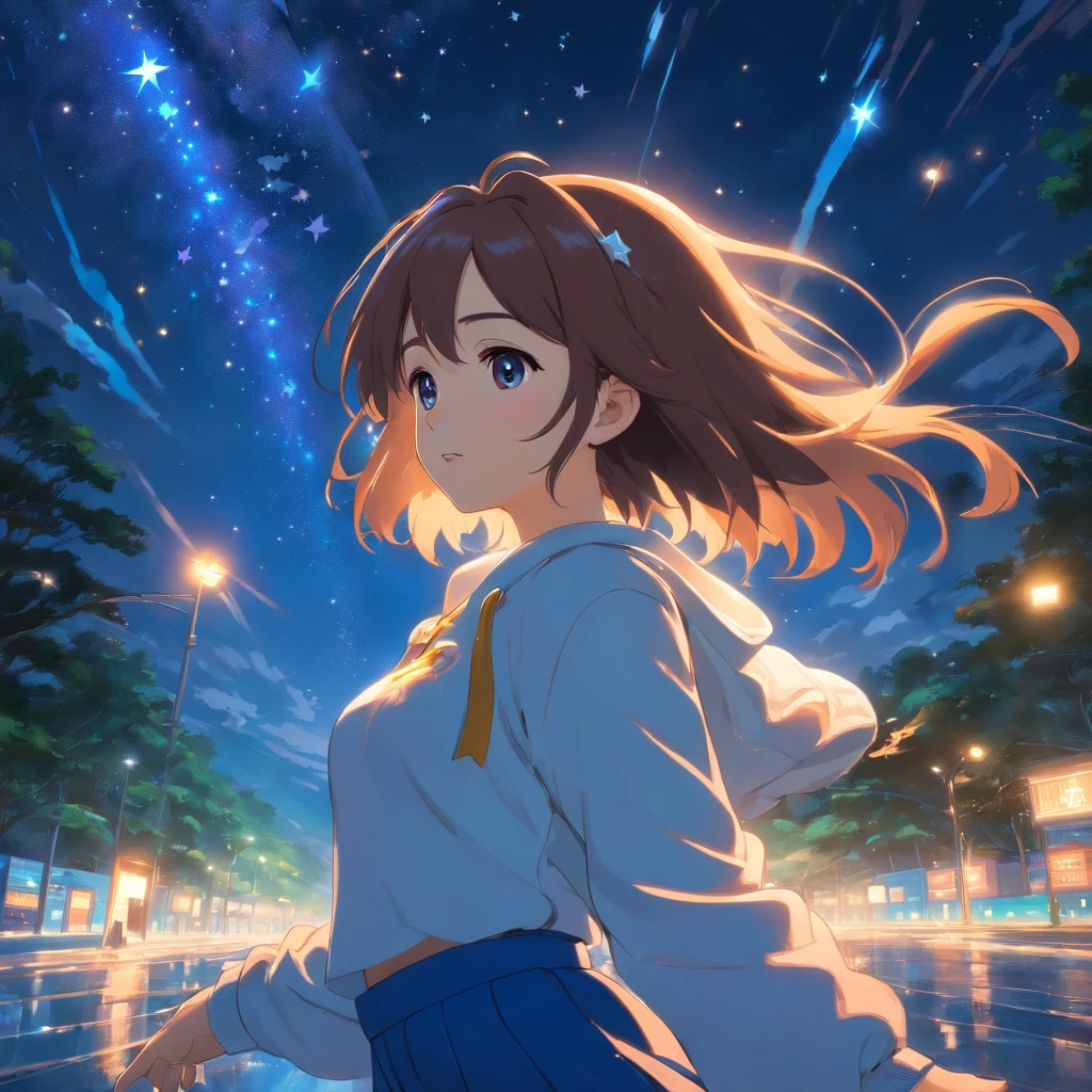 Una chica con cabello corto marron,falda azul, bosque de algodon de azucar,noche con muchas estrellas, chica bailando con oso polar blanco, anime style