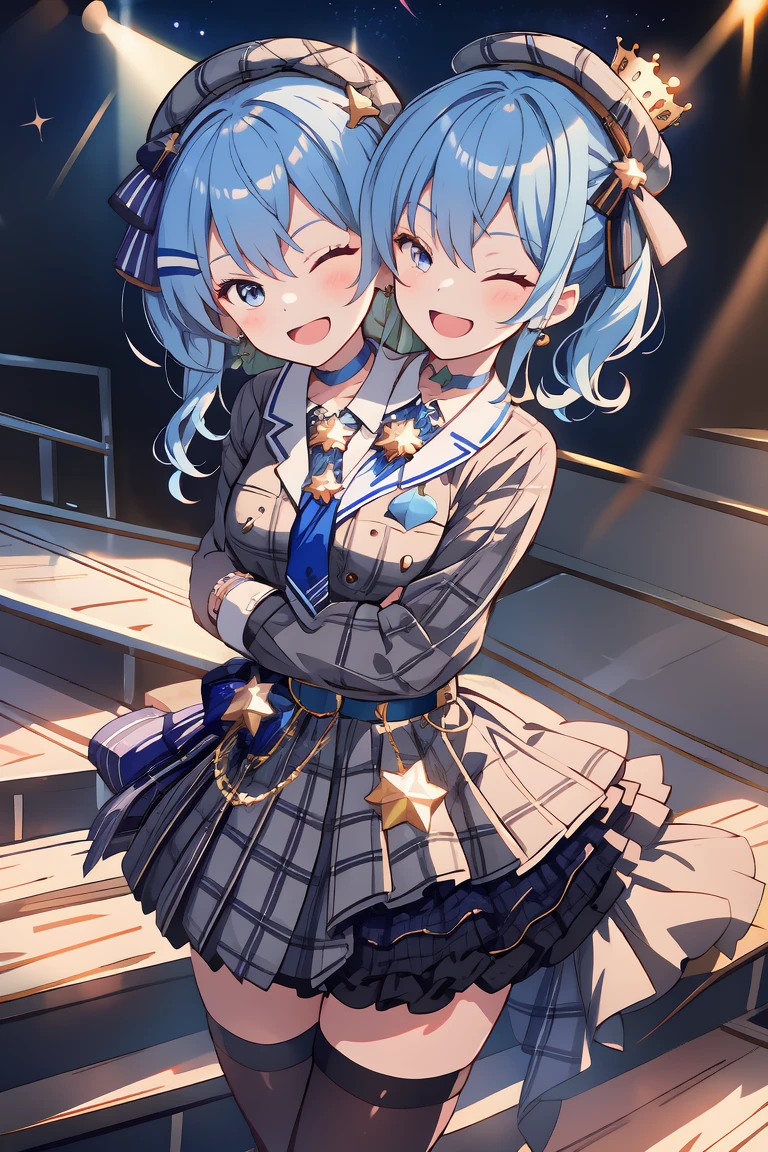 (masterpiece, best quality), best resolution, 16k, (2heads:1.5), close-up, 1girl, solo, HoshimachiSuisei, side ponytail, blue hair ribbon, SuiseiBase, plaid beret, crown, blue star choker, star earrings, blue ascot, plaid jacket, plaid skirt, layered skirt, partially fingerless gloves, star bracelet, uneven legwear, thigh strap, standing, ((cheek to cheek)), (own hands together, praying hangs), smile, open mouth, eyes closed, singing, look at viewer, stable, concert stage, starfield, spotlight