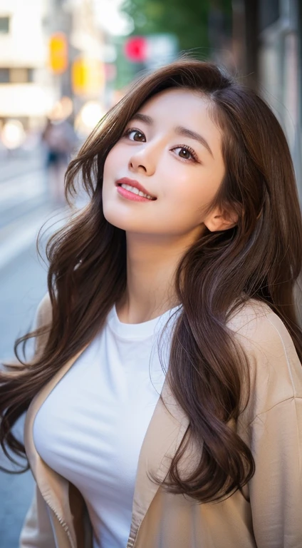 (highest quality,8K quality,masterpiece:1.3,),(超A high resolution:1.3,Realistic:1.4,RAW Photos:1.2),(Very detailed:1.2,Glowing Skin,Detailed skin:1.1),(Detailed face,Perfect Anatomy,Caustics:1.2), (Symmetrical eyes:1.3),1 girl,cute,Japanese,42 talents,Japanese Ido,Natural brown hair,Long hair with outward curls,cute目,Natural Makeup,Oversized T-shirt,Laughter,(Hands on hips), ((Looking up at the camera)),On the face,Face Focus,Street Corner,Professional Writing,Natural soft light,Clothes that reveal cleavage