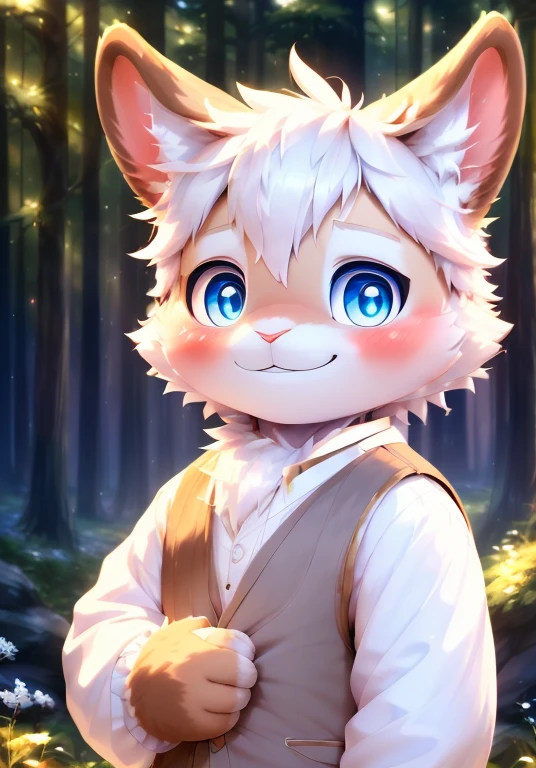 (masterpiece)，(Very detailed)，(best quality)，hairy，rabbit，fur，white hair，Blue pupils，(Light luxury clothes)，((Smile))，(blush:1.1)，((Shy expression))，Forest background，8k，(high quality)，(Ultra HD)，(Ultra Detailed)，（child），（Juvenile）