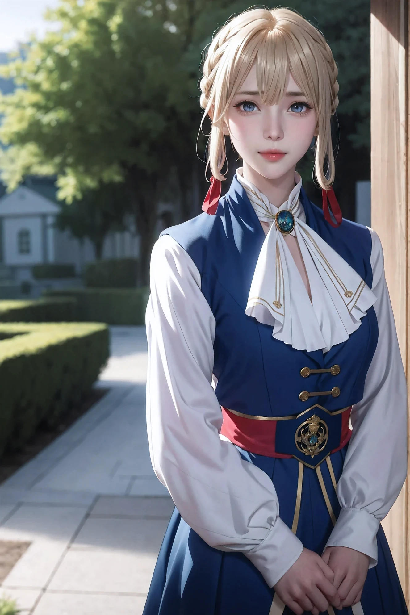 violet evergarden masterpiece, best quality, 1girl, solo, blonde hair, blue eyes, hair between eyes, looking at viewer, ribbon, red ribbon, braid, hair ribbon, jacket, blue jacket, jewelry, bangs, outdoors, brooch, hair intakes, anime coloring, ascot, blurry background, blurry, white ascot, tree, closed mouth, portrait, daygrass