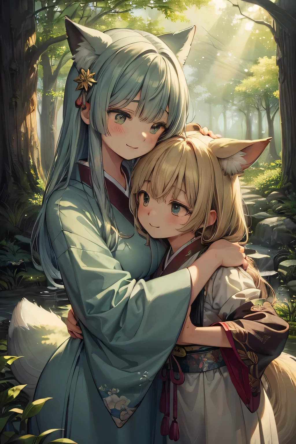 (a beautiful, cozy, heartwarming scene:1.1), furry tails, (bright-eyed kistunes with long, flowing hair:1.1), (vibrant colors, soft pastel tones:1.1), (emotional, tender hug), (expressive and joyful smiles:1.1), (loving, supportive connection), (detailed foliage and blooming flowers), (warm sunlight shining through the trees), (forest setting with moss-covered ground), (playful and mischievous atmosphere), (gentle breeze rustling the leaves), (mysterious forest creatures), (subtle hints of magic and enchantment), (embrace capturing love, warmth, and happiness), (wholesome family bond), (traditional Japanese clothing with modern influences), (traditional fox masks and accessories), (artistic interpretation with a mix of realism and stylized elements:1.1), (high-resolution details and textures), (captivating illustration style), (subtle shadows and highlights enhancing depth and dimension:1.1), (carefully chosen composition and framing), (artistic lighting adding a touch of magic), (transmitting a sense of relaxation, happiness, and harmony), (showcasing the beauty of nature and human connections), (exquisite attention to facial expressions and emotions), (magnificent work of art:1.2).
