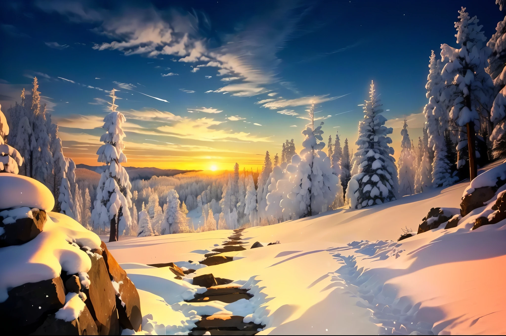 Snowy mountain scenery illuminated by the morning glow,Countless rocks covered in snow,崖の下には地平線まで続くSnowy white coniferous forest,Snowy white coniferous forest,The sun begins to rise over the horizon,