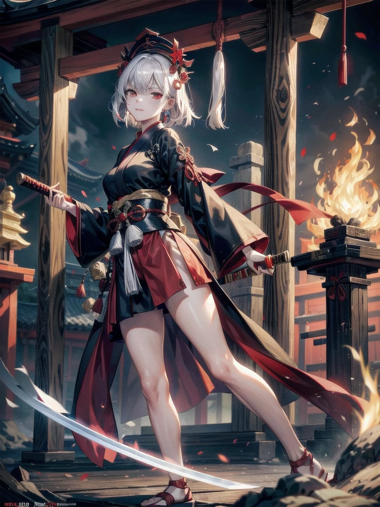 ((in shrine)), red-black costume, holding a sword, Onmyoji, nobushi, Flowing white robe, Ghost fire, Daoism, (put on Mask), absurdres, RAW photo, extremely delicate and beautiful, masterpiece, Best Quality, ultra high resolution, 32k, hyperrealistic, ultra-detailed, detailed description, pale skin, 20 years old, tearful mole, earring, Colossal tits, short medium hair, wavy hair, evil grin, full body shot,