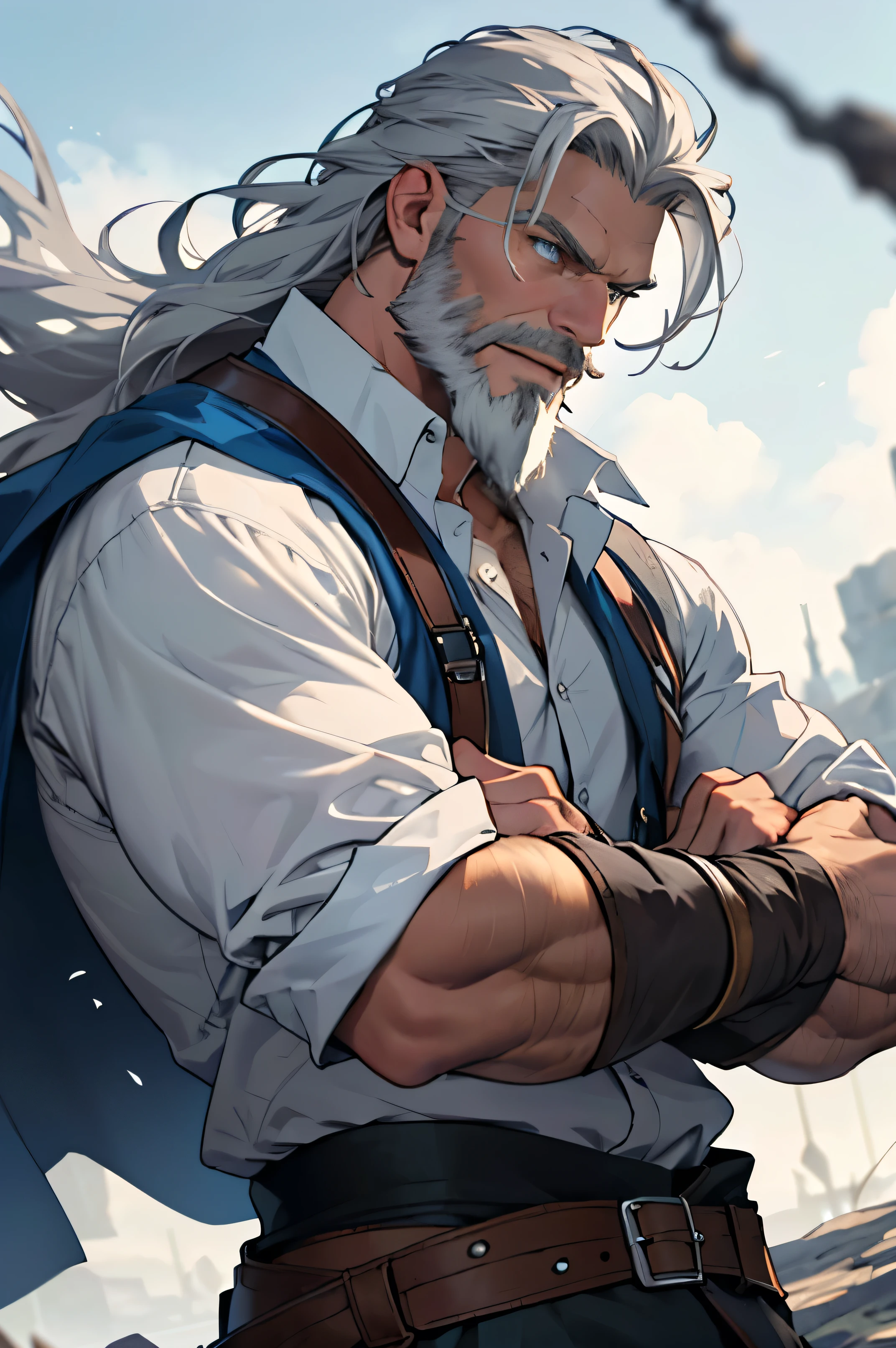 Viking-liked, Respectable, middle-aged, wrinkle, long grey hair, grey beard, grey mustache, blue eyes, handsome man, strong, brave, white shirt