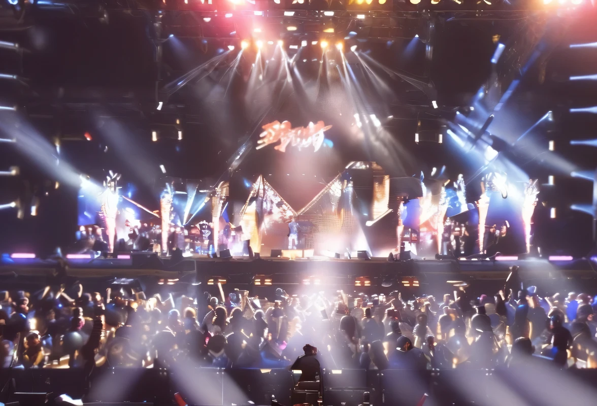 Close-up of a stage with a crowd of people watching, Elaborate stage effects, epic stunning atmosphere, Concert clips, Live Concerts lighting, Very epic atmosphere, concert light, Profile picture 1024px, stunning atmosphere, Concert Photos, Official, Heavy Metal Concert, Concert Photosgraphy, Absolutely, Live Concerts, Shiny and happy atmosphere, 2447