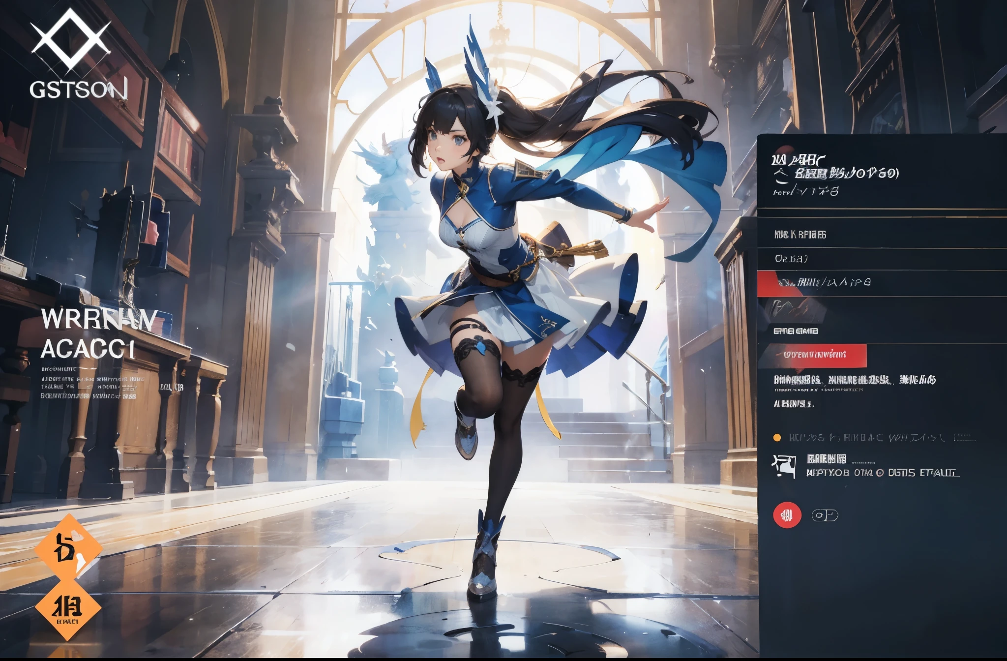 anime - style illustration of a woman in a blue and white outfit, video game character, official character art, trending on cgstation, e-girl, full body, female action anime girl, 