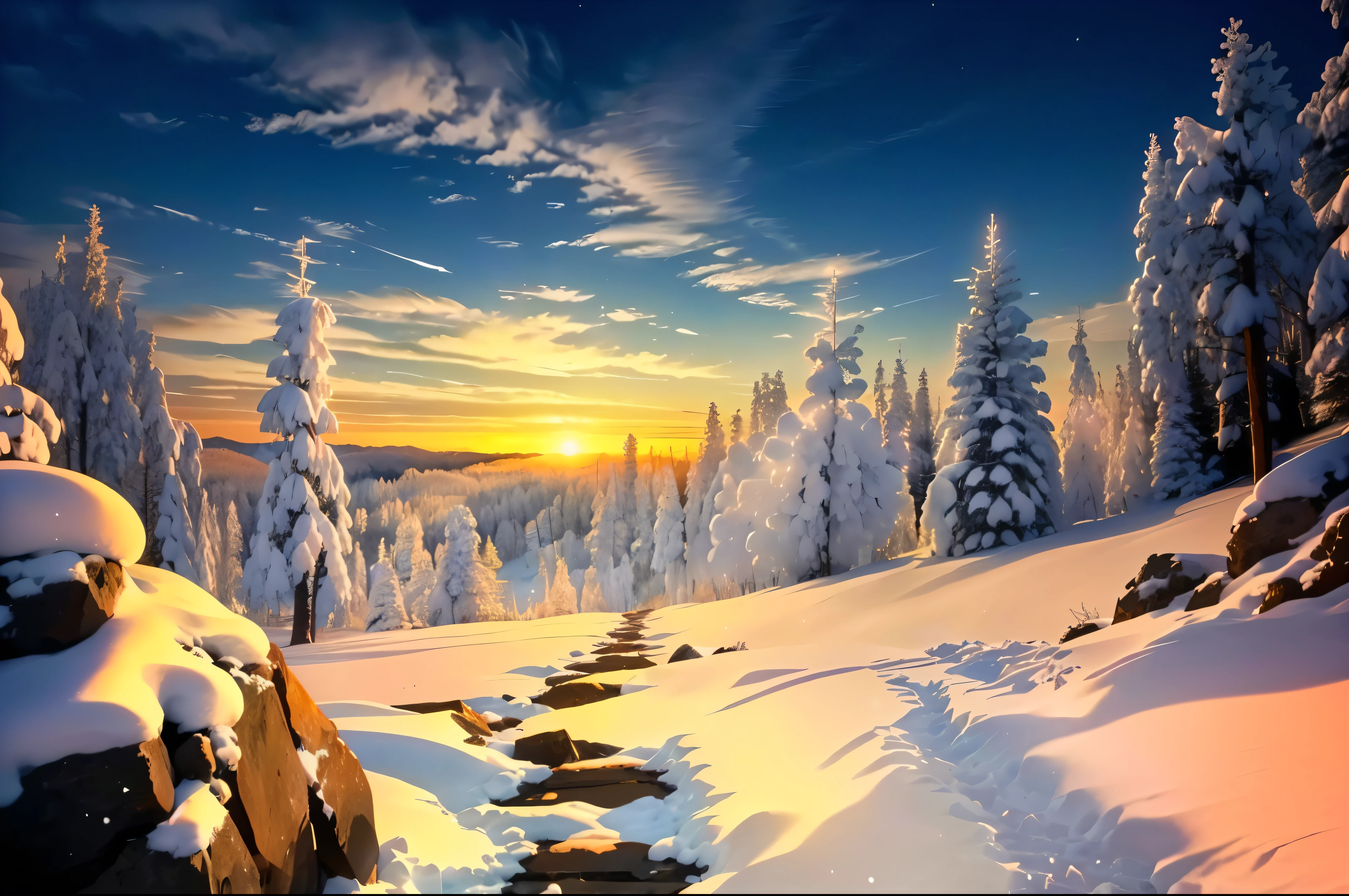Snowy mountain scenery illuminated by the morning glow,Countless rocks covered in snow,Below the cliffs is a snowy white coniferous forest that stretches to the horizon.,Snowy white coniferous forest,The sun begins to rise over the horizon,