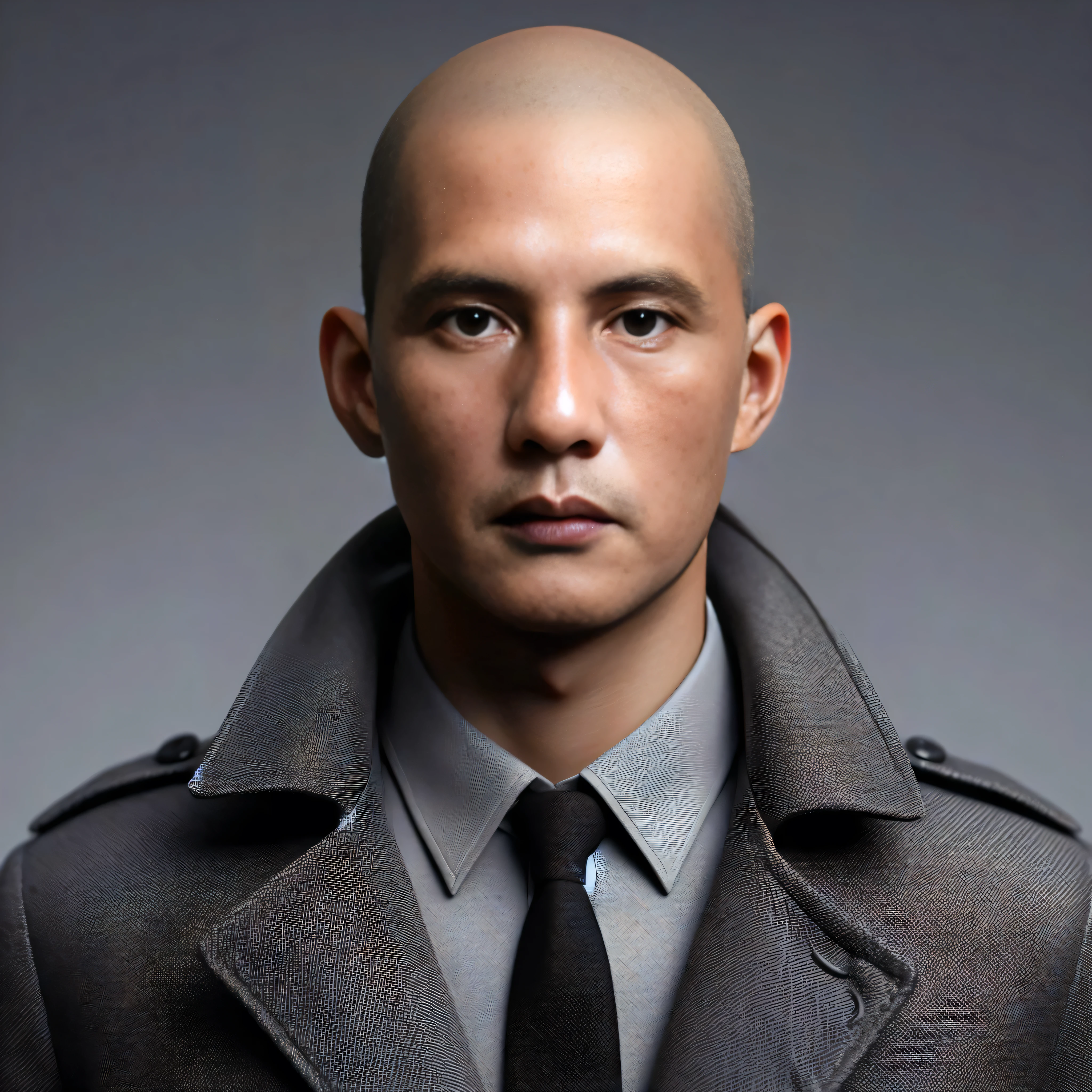 arafed man in a trench coat and tie poses for a picture, bald head and menacing look, buzz cut hair, buzz cut, shaved head, shaved bald head, buzz cut gray hair, bald head, bald man, he's a hitman in peacoat, portrait of bald, brown buzzcut, no hair completely bald, shaved hair