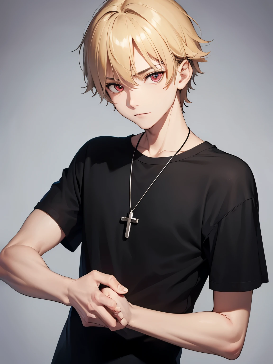 1boy,handsome,15 years old,Standing, Awestruck expression,holding head, plain t-shirt,half body photo,Perfect face, slight smile,HD face, ultra detailed face, short hair, blonde hair, messy hair, bright red eyes, vampire, black t-shirt,black t-shirt,plain t-shirt,short sleeve t-shirt, black trousers, cross necklace,ultra detailed, ultra HD
