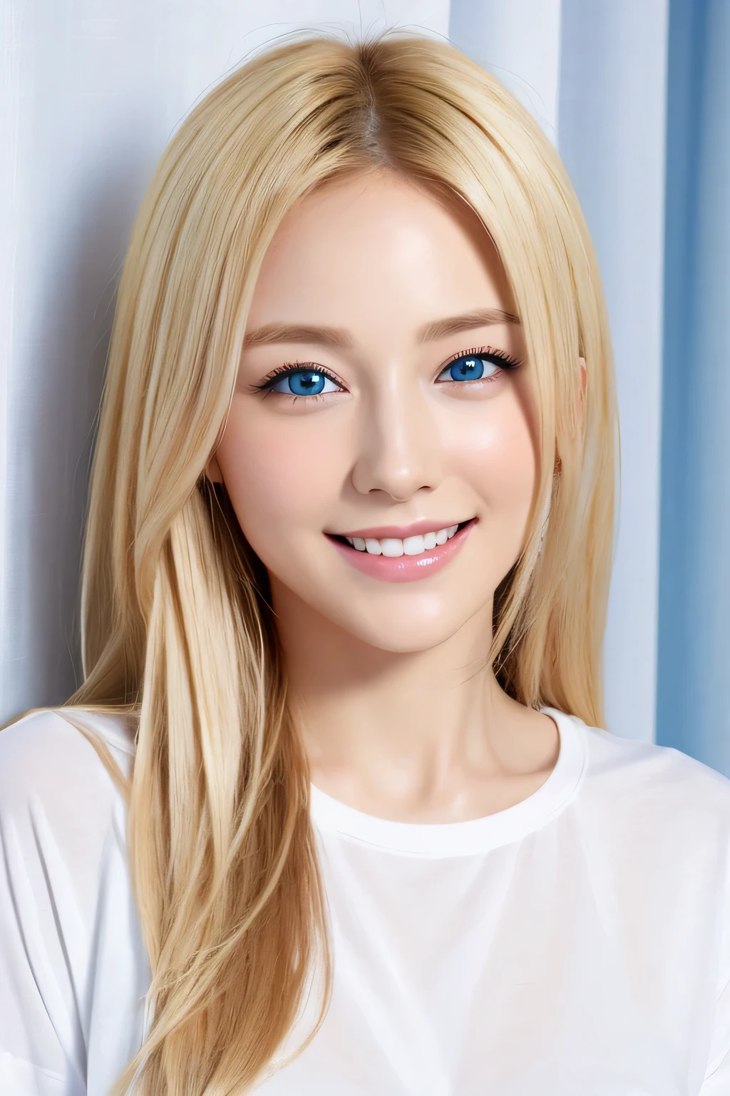 highest quality, Ultra-high resolution, (Realistic:1.4), White oversized T-shirt、Japanese、Gal、Blonde、blue eyes、cute、smile、White curtain in the background
