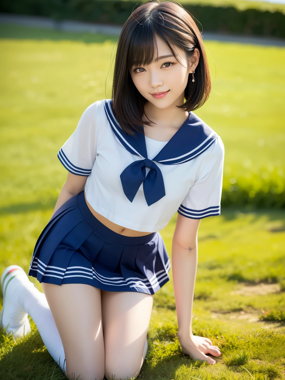 (highest quality:1.5)、(Realistic:1.5)、(1 person:1.5)、Very detailed、High resolution、8k、medium breasts、Natural color lips、Cute Smile、Japanese women、20-year-old girl、Beautiful and elegant face、Perfect and beautiful face、Balanced big eyes、Brunette eyes、Beautiful and elegant face、Natural double eyelids、Natural Bangs、Beautiful thin nose、Beautiful Skin、(Medium Bob Hair)、Natural Bangs、Perfect and beautiful face、Slim face and figure、Summer blue sky、Grass park on the mountain、Look at the viewers、School Sailor Uniform、White short-sleeved blouse shirt, navy pleated micro miniskirt,、Knee-high socks、Beautiful navel、Open the navel、臍が見えるSchool Sailor Uniformを着ている、High-angle composition、(Staring at the camera with a sweet smile)、Bright lighting、Professional Lighting、Forward lighting、Beautiful feet:1.2、Smooth Skin、Slim Body、Slim waistline、slim thin thighs、(Kneeling on the grass)、(A little angle from below)、Stand on one knee、