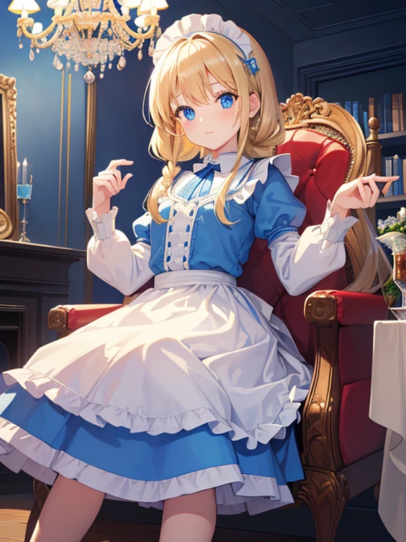 (8k, highest quality, Tabletop:1.2)、Ultra-high resolution、Alice in Wonderland, One 12-year-old girl, Detailed face、blue eyes, Blonde, Braid, Blue Dress, White apron, Clothes with bulging sleeves, Long skirt, room with fireplace, chandelier, Sit on a chair, I read a book