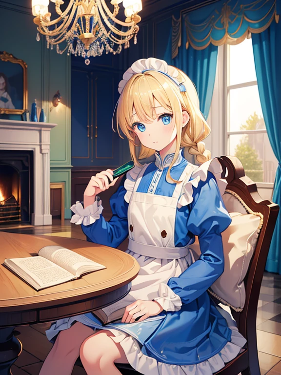 (8k, highest quality, Tabletop:1.2)、Ultra-high resolution、Alice in Wonderland, One -yeld gi Detailed face、blue eyes, Blonde, Braid, Blue Dress, White apron, Clothes with bulging sleeves, Long skirt, room with fireplace, chandelier, Sit on a chair, I read a book