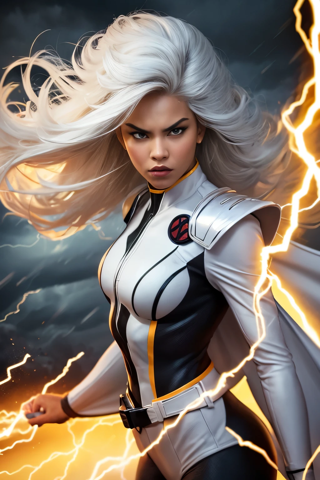 best quality,highres,ultra-detailed,realistic:1.37,professional,dynamic,action shot,storm character art,storm from the X-Men,storm conjuring lightning,storm with flowing white hair,storm with intense gaze,storm in a powerful pose,strong facial features,storm's iconic cape,storm surrounded by storm clouds,storm with dramatic lighting,storm's eyes glowing white,storm's lightning powers crackling,storm with an intense expression,storm with a determined look,storm wearing her classic costume,storm floating in the air,storm with winds swirling around her,storm creating a thunderstorm,storm casting lightning bolts,storm's cape billowing in the wind,storm with a fierce and confident posture,vivid colors,bokeh,portrait