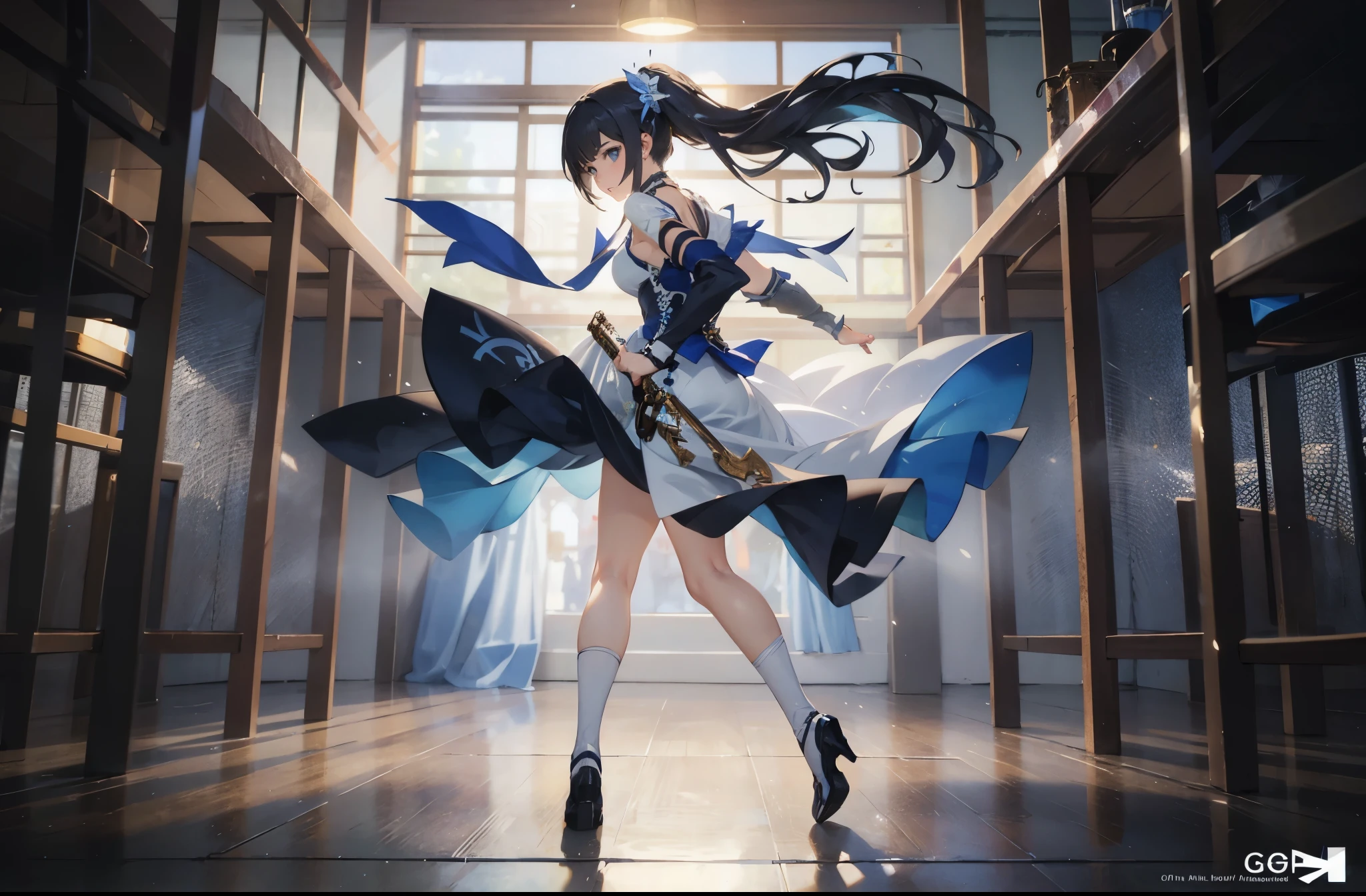 anime - style illustration of a woman in a blue and white outfit, official character art, trending on cgstation, e-girl, full body, female action anime girl, 