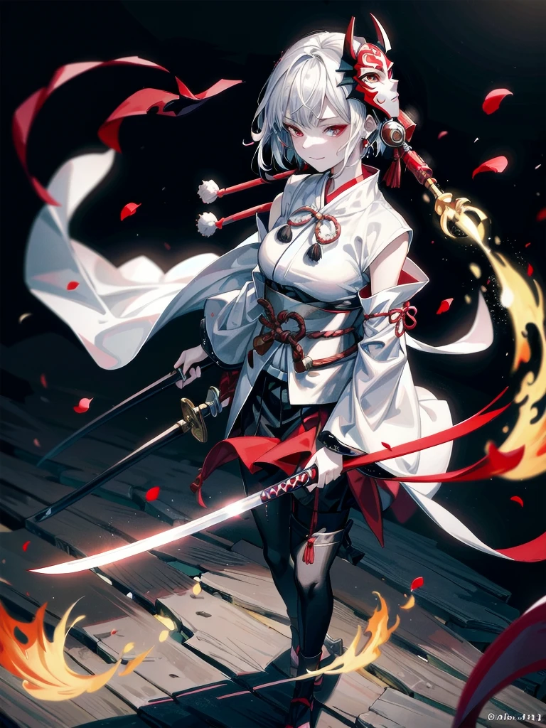 ((in shrine)), red-black costume, holding a sword, Onmyoji, nobushi, Flowing white robe, Ghost fire, Daoism, (put on Mask), absurdres, RAW photo, extremely delicate and beautiful, masterpiece, Best Quality, ultra high resolution, 32k, hyperrealistic, ultra-detailed, detailed description, pale skin, 20 years old, tearful mole, earring, Colossal tits, short medium hair, wavy hair, evil grin, full body shot,