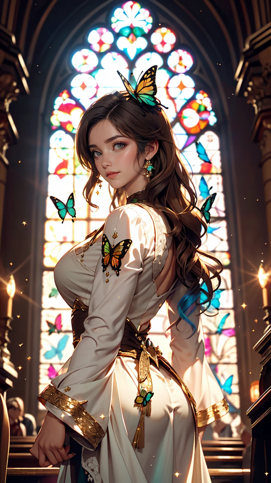 One girl, masterpiece, Very detailed, ((Cinema Lighting)), (Shine), ((Dramatic lighting)), ((Beautiful sparkle)), Intricate details, Lens flare, Multicolored Hair, Rainbow Hair, Long Hair, colorfulなドレス, butterflyの髪飾り, butterfly, (Particles of light), Put your arms behind your back, Large Breasts, [Curvy], Cowboy Shot, A light smile, Green Eyes, church, Stained glass, Spotlight, Dark Background, Floating Hair, Floating Hair, View your viewers,((colorful))