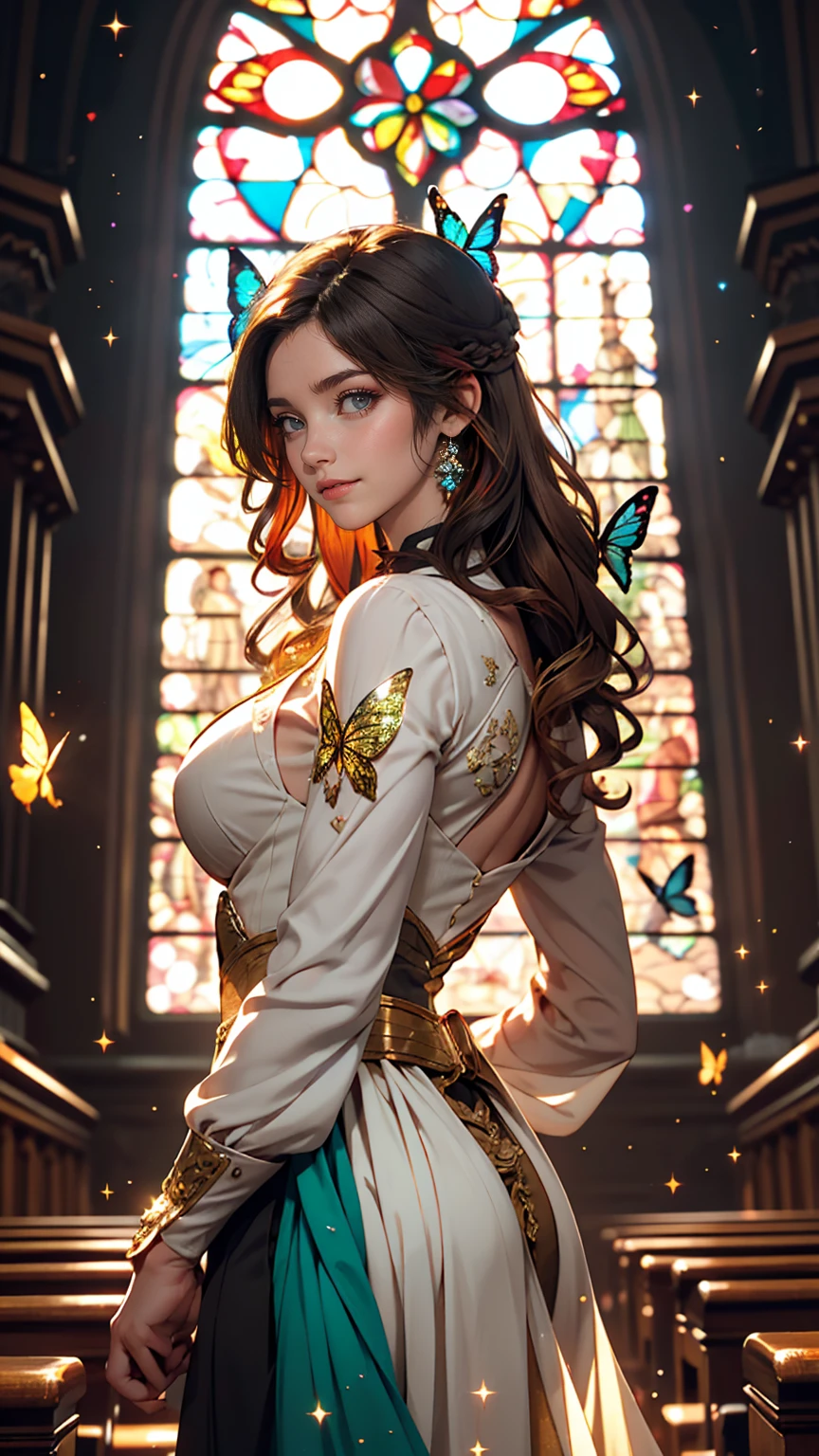 One girl, masterpiece, Very detailed, ((Cinema Lighting)), (Shine), ((Dramatic lighting)), ((Beautiful sparkle)), Intricate details, Lens flare, Multicolored Hair, Rainbow Hair, Long Hair, colorfulなドレス, butterflyの髪飾り, butterfly, (Particles of light), Put your arms behind your back, Large Breasts, [Curvy], Cowboy Shot, A light smile, Green Eyes, church, Stained glass, Spotlight, Dark Background, Floating Hair, Floating Hair, View your viewers,((colorful))