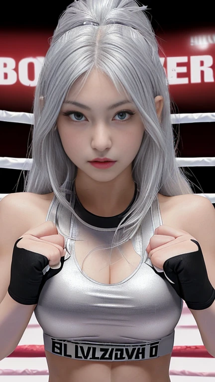 Beautiful girl, silver hair, big breasts, wear a boxing uniform, sexy post, in the boxing ring.