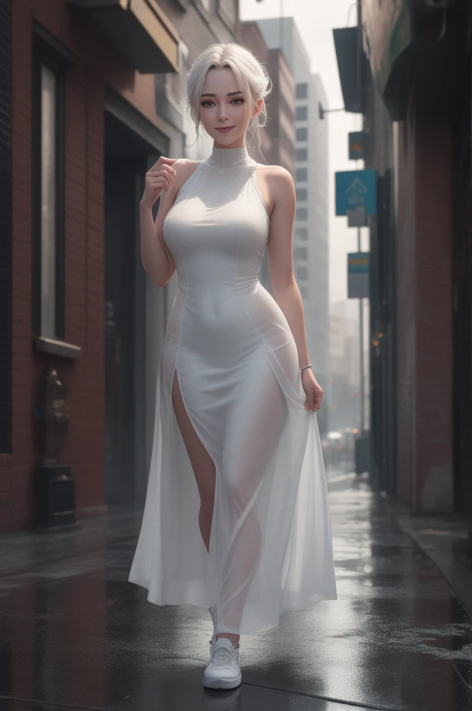 20-year-old surrealist icon，Slim sleeveless maxi dress，Nipple Ring，Smile smile，Short layers of hair，Walking without paying attention to the camera，City in heavy rain，Wet with rain，Wet clothes stick to the body， are vaguely visible，White tight-fitting gown，white straitjacket，white colors，RAW，（8k，best qualtiy，tmasterpiece：1.2），（complexdetails：1.4），（realisticlying：1.4），rendering by octane，Complex 3D rendering with ultra-detail，Studio soft light，rim-light， vivd details，super detailing，realistic skin textures，Detail face，beatiful detailed eyes，Very detailed CG unity 8k wallpaper，putting makeup on，（detailedbackground：1.2），