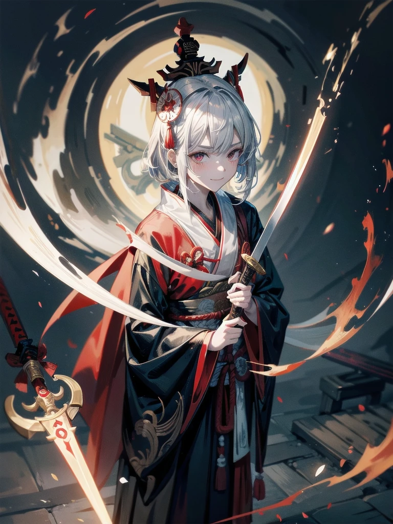((in shrine)), red-black costume, holding a sword, Onmyoji, nobushi, Flowing white robe, Ghost fire, Daoism, (put on Mask), absurdres, RAW photo, extremely delicate and beautiful, masterpiece, Best Quality, ultra high resolution, 32k, hyperrealistic, ultra-detailed, detailed description, pale skin, 20 years old, tearful mole, earring, Colossal tits, short medium hair, wavy hair, evil grin, full body shot,