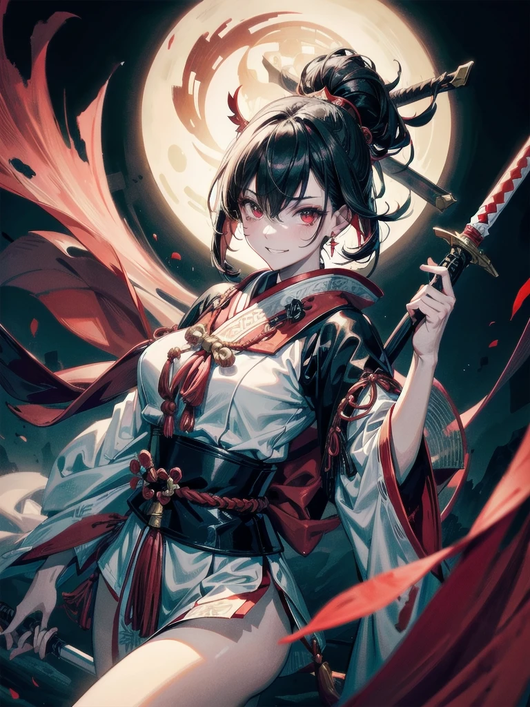 ((in shrine)), red-black costume, holding a sword, Onmyoji, nobushi, Flowing white robe, Ghost fire, Daoism, (put on Mask), absurdres, RAW photo, extremely delicate and beautiful, masterpiece, Best Quality, ultra high resolution, 32k, hyperrealistic, ultra-detailed, detailed description, pale skin, 20 years old, tearful mole, earring, Colossal tits, short medium hair, wavy hair, evil grin, full body shot,