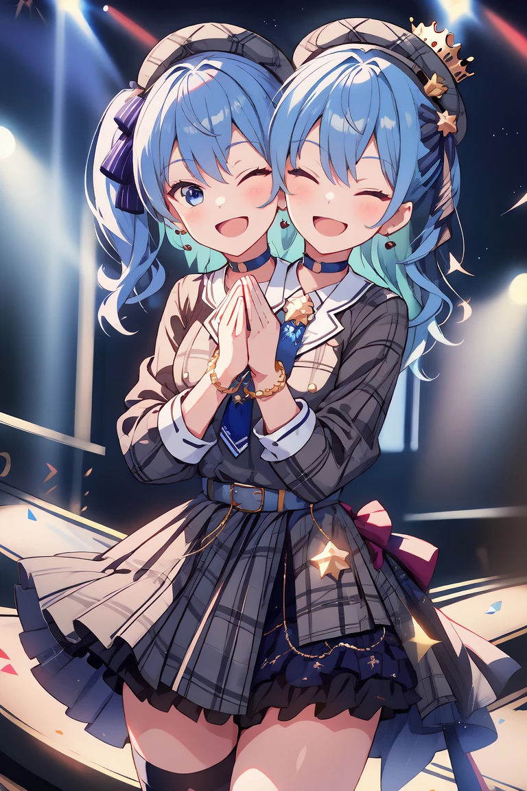 (masterpiece, best quality), best resolution, 16k, (2heads:1.5), close-up, 1girl, solo, HoshimachiSuisei, side ponytail, blue hair ribbon, SuiseiBase, plaid beret, crown, blue star choker, star earrings, blue ascot, plaid jacket, plaid skirt, layered skirt, partially fingerless gloves, star bracelet, uneven legwear, thigh strap, standing, ((cheek to cheek)), (own hands together, praying hangs), smile, open mouth, eyes closed, singing, look at viewer, stable, concert stage, starfield, spotlight