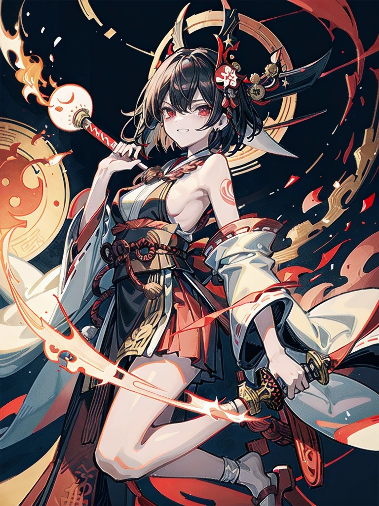 ((in shrine)), red-black costume, holding a sword, Onmyoji, nobushi, Flowing white robe, Ghost fire, Daoism, (put on Mask), absurdres, RAW photo, extremely delicate and beautiful, masterpiece, Best Quality, ultra high resolution, 32k, hyperrealistic, ultra-detailed, detailed description, pale skin, 20 years old, tearful mole, earring, Colossal tits, short medium hair, wavy hair, evil grin, full body shot,