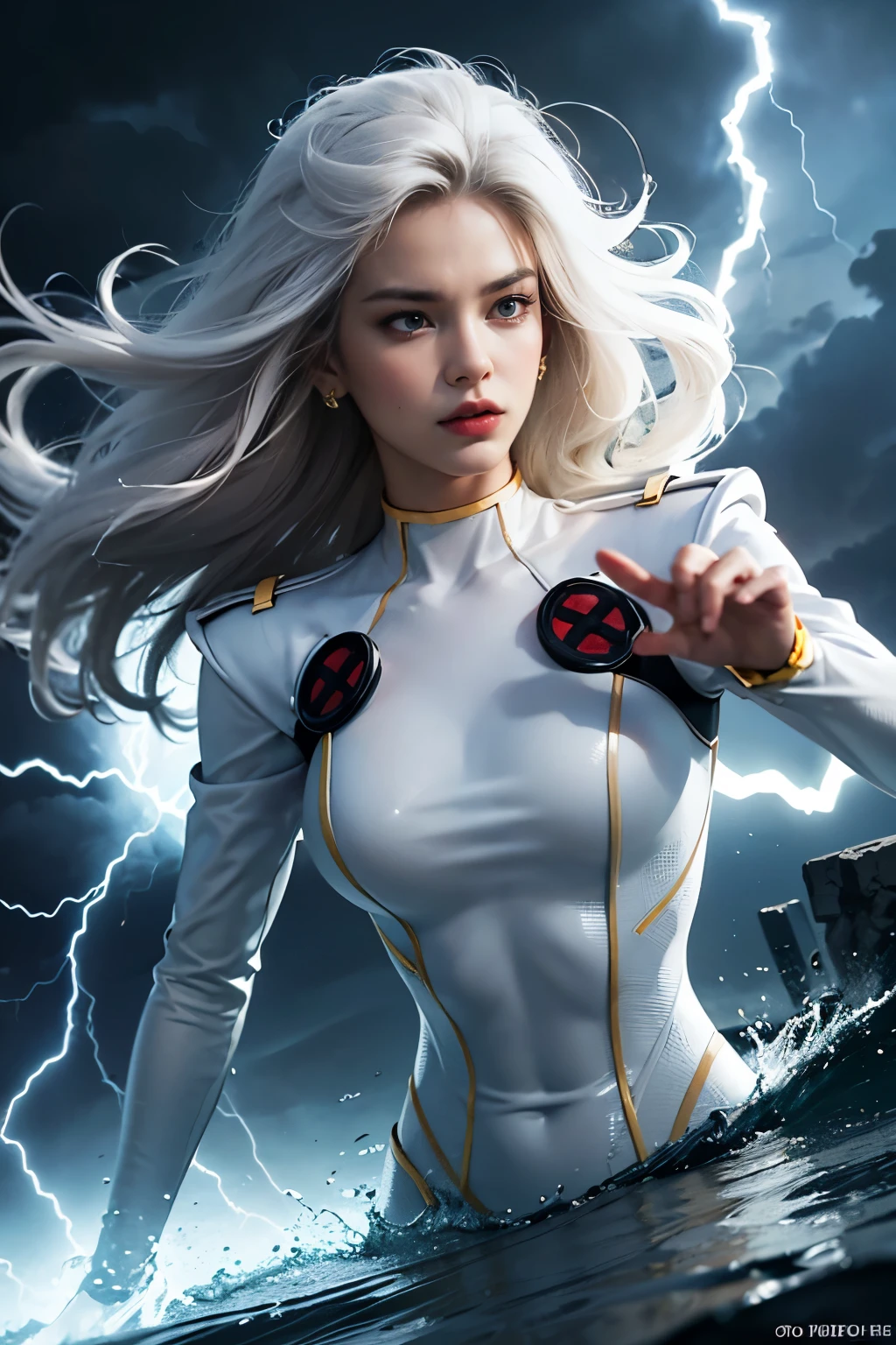 best quality,highres,ultra-detailed,realistic:1.37,professional,dynamic,action shot,storm character art,storm from the X-Men,storm conjuring lightning,storm with flowing white hair,storm with intense gaze,storm in a powerful pose,strong facial features,storm's iconic cape,storm surrounded by storm clouds,storm with dramatic lighting,storm's eyes glowing white,storm's lightning powers crackling,storm with an intense expression,storm with a determined look,storm wearing her classic costume,storm floating in the air,storm with winds swirling around her,storm creating a thunderstorm,storm casting lightning bolts,storm's cape billowing in the wind,storm with a fierce and confident posture,vivid colors,bokeh,portrait