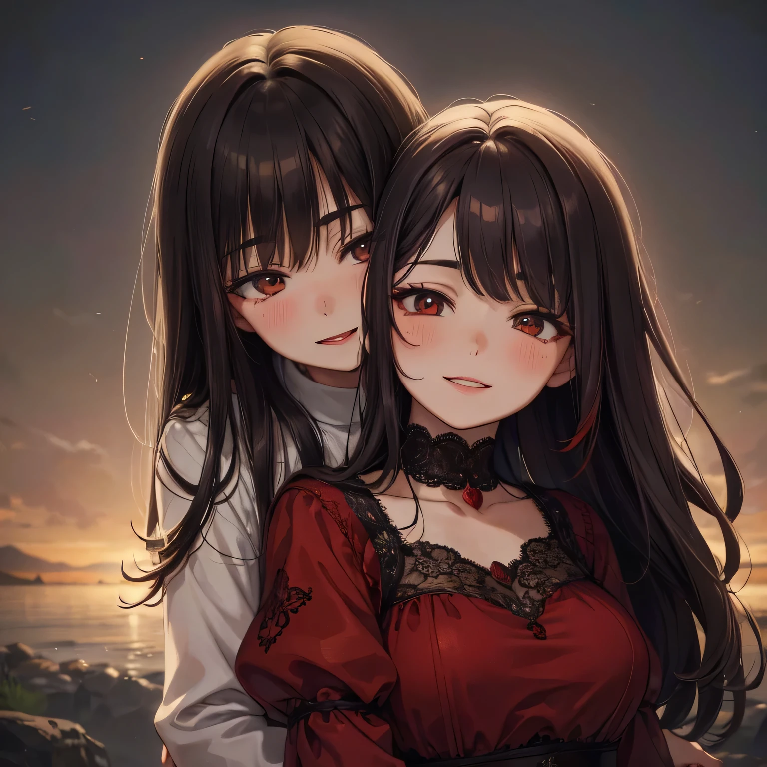 black-haired mother and red-haired daughter, embracing,portrait,loving,caring,best quality,ultra-detailed,warm colors,tender moment,affectionate,happy,emotional connection,beautiful detailed eyes,beautiful detailed lips,long eyelashes,soft focus,subtle lighting,photorealistic,harmonious composition,heartwarming scene,close bond,gentle embrace,beautiful background,joyful expression,memorable,unconditional love,red dress,black dress,smiling faces,vibrant colors,embrace with love,detail-oriented craftsmanship,precise brushstrokes,artistically rendered,image of happiness,happiness and togetherness,close-knit family,cherished memory
