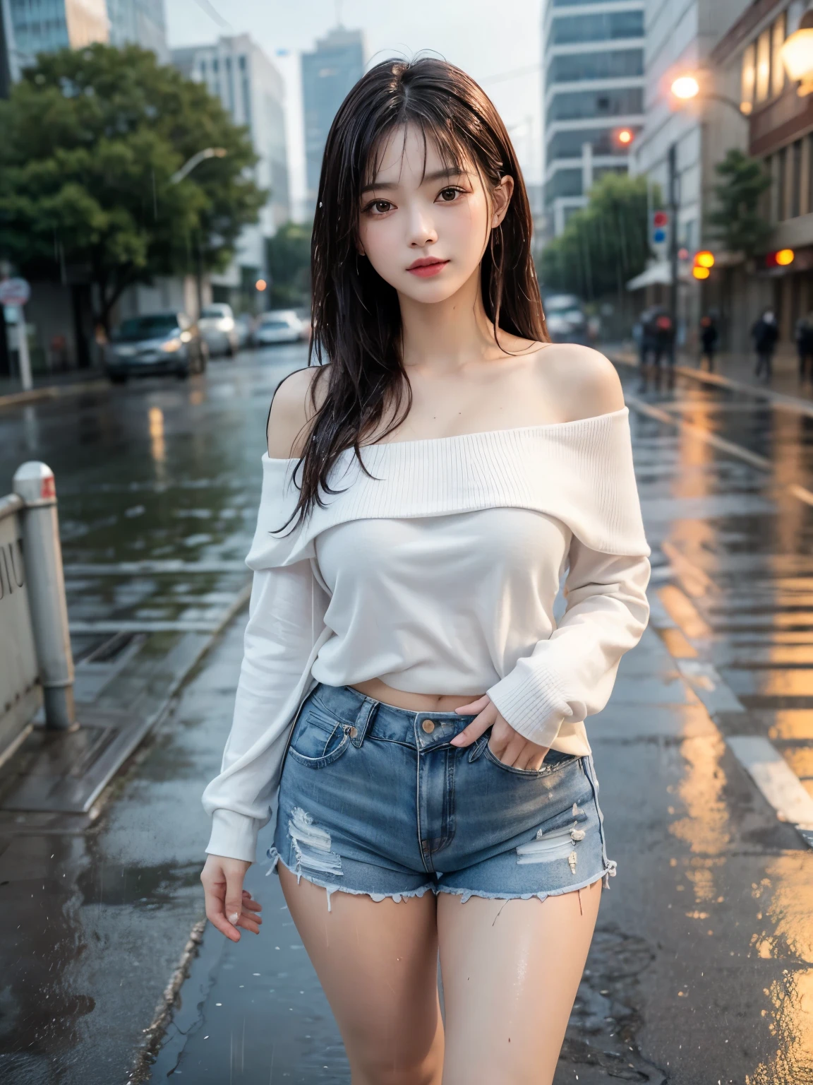 8k, Absurd, 4K, High resolution, ultra detailed, 最high quality, insanely detailed, masterpiece, beautiful, high quality, detailed, hyper detailed, Exquisite, girl, smile, (walking:1.3), View your audience, Long Hair, Straight hair, Brown Hair, We say,See-through bangs、 Droopy eyes, Shiny skin, detailed skin, detailed face, glamorous, Sensual, Curvy, beautiful ass, beautiful breasts, (Idol, Off the shoulder, Shorts, sneakers:1.3), Curvy, JapaneseIdol, Cute face, teenager, Japanese, on the road, on the road, RAW Photos, Real person, Realistic, Ultra-realistic photos, Portrait Photography, Browsing Caution, Cowboy Shot, from the front, Low angle shot, Written boundary depth, Cinema Lighting, sharp、(((Getting wet in the rain)))