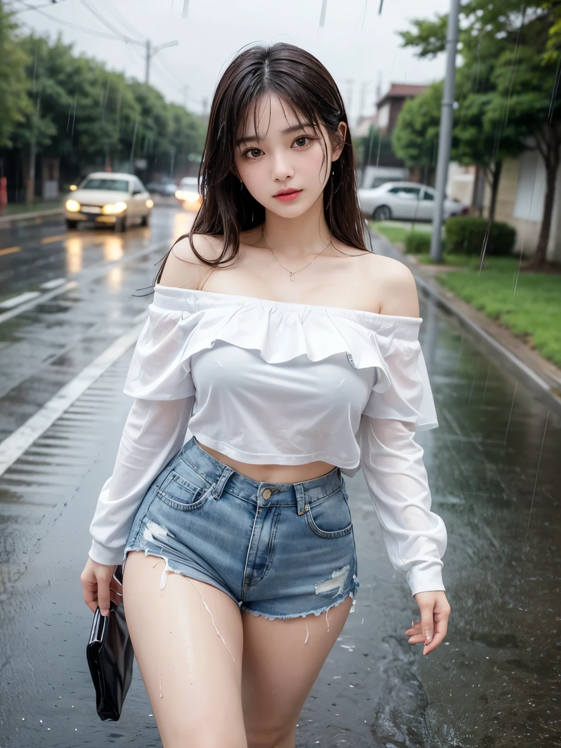 8k, Absurd, 4K, High resolution, ultra detailed, 最high quality, insanely detailed, masterpiece, beautiful, high quality, detailed, hyper detailed, Exquisite, girl, smile, (walking:1.3), View your audience, Long Hair, Straight hair, Brown Hair, We say,See-through bangs、 Droopy eyes, Shiny skin, detailed skin, detailed face, glamorous, Sensual, Curvy, beautiful ass, beautiful breasts, (Idol, Off the shoulder, Shorts, sneakers:1.3), Curvy, JapaneseIdol, Cute face, teenager, Japanese, on the road, on the road, RAW Photos, Real person, Realistic, Ultra-realistic photos, Portrait Photography, Browsing Caution, Cowboy Shot, from the front, Low angle shot, Written boundary depth, Cinema Lighting, sharp、(((Getting wet in the rain)))