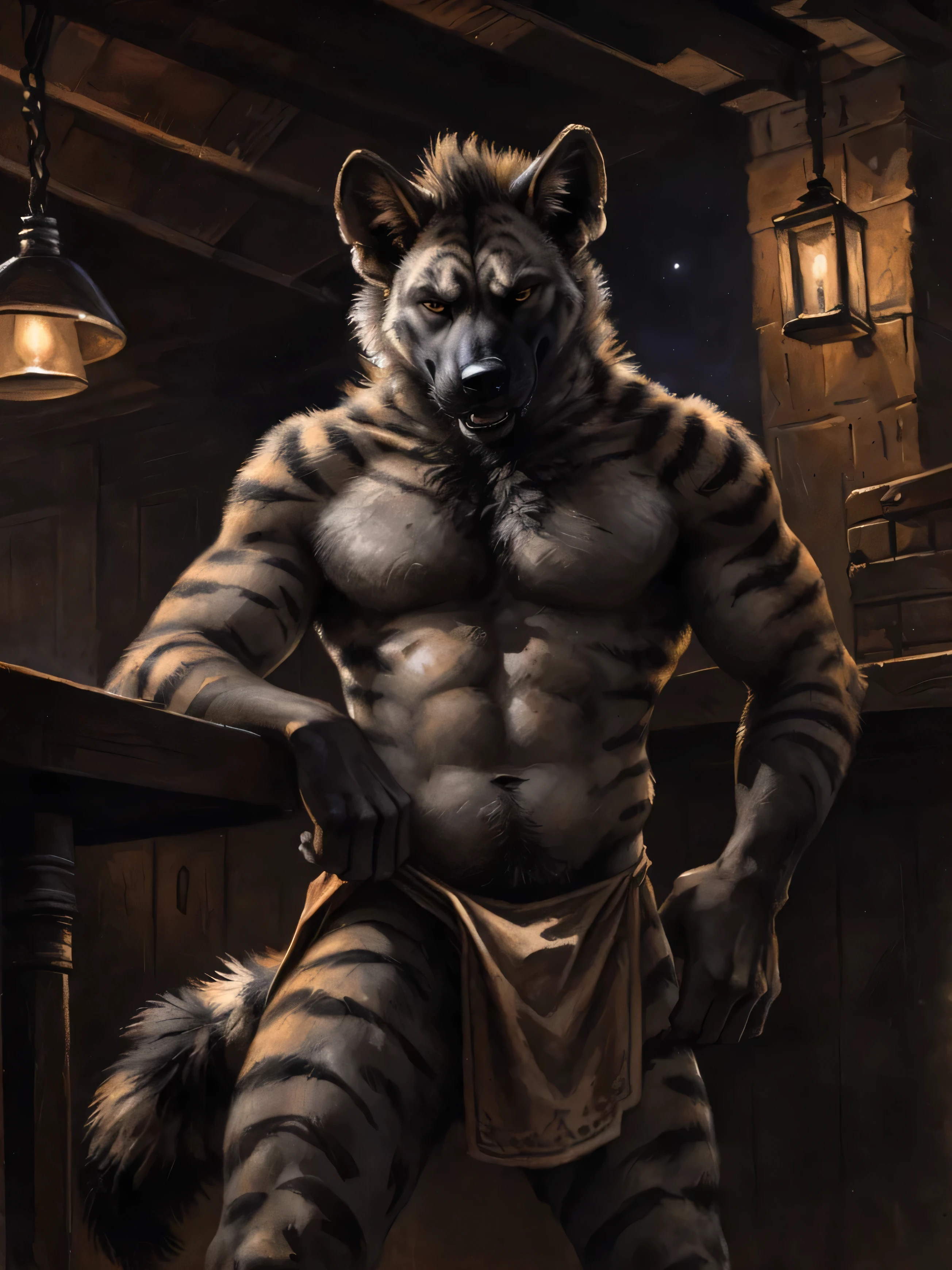 (striped hyena), (solo), male, anthro, (by kenket), (tail:1.3), (perfect hands), (mean expression), (dark tavern background, inside, gloomy, dark lighting, powerful silhouette, mysterious shadows, night scene,), realistic shading, (epic, masterpiece, high quality, 8k, ultra HD, absurd res, top quality, best quality, max quality, masterpiece), ((gray fur, furry, muscular, beefy)), striped hyena tail, correct anatomy:1.2, ((threatening pose)), ((mature male)), ((gray fur)), sexy, (bulge under clothing:0.6)