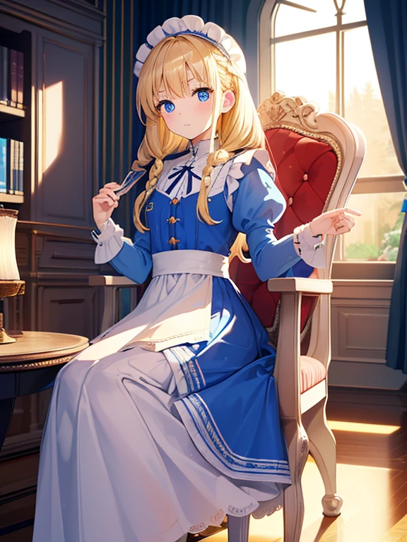 (8k, highest quality, Tabletop:1.2)、Ultra-high resolution、Alice in Wonderland, One ****************, Detailed face、blue eyes, Blonde, Braid, Blue Dress, White apron, Clothes with bulging sleeves, Long skirt, room with fireplace, chandelier, Sit on a chair, I read a book