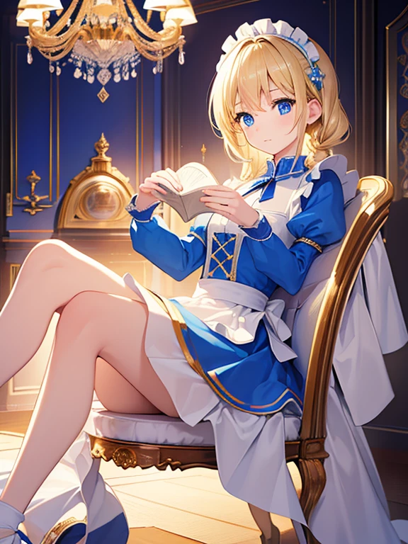 (8k, highest quality, Tabletop:1.2)、Ultra-high resolution、Alice in Wonderland, One ****************, Detailed face、blue eyes, Blonde, Braid, Blue Dress, White apron, Clothes with bulging sleeves, Long skirt, room with fireplace, chandelier, Sit on a chair, I read a book