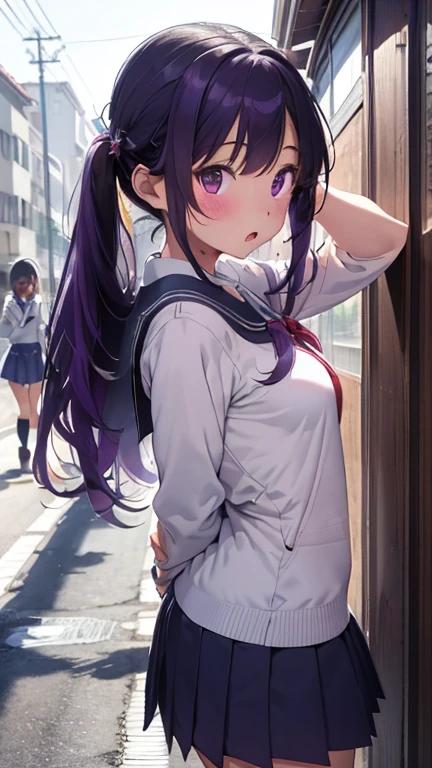 masterpiece、highest quality、Very detailed、Photograph the upper body、1 female、(Arms behind your back:1.4)、Are standing、Turn your body forward、View your viewers、(Winter school uniform:1.4)、break,blush、shy、Purple Hair、Open your mouth、School corridor、Big Breasts、