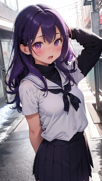 masterpiece、highest quality、Very detailed、Photograph the upper body、1 female、(Arms behind your back:1.4)、Are standing、Turn your body forward、View your viewers、(Winter school uniform:1.4)、break,blush、shy、Purple Hair、Open your mouth、School corridor、Big Breasts、