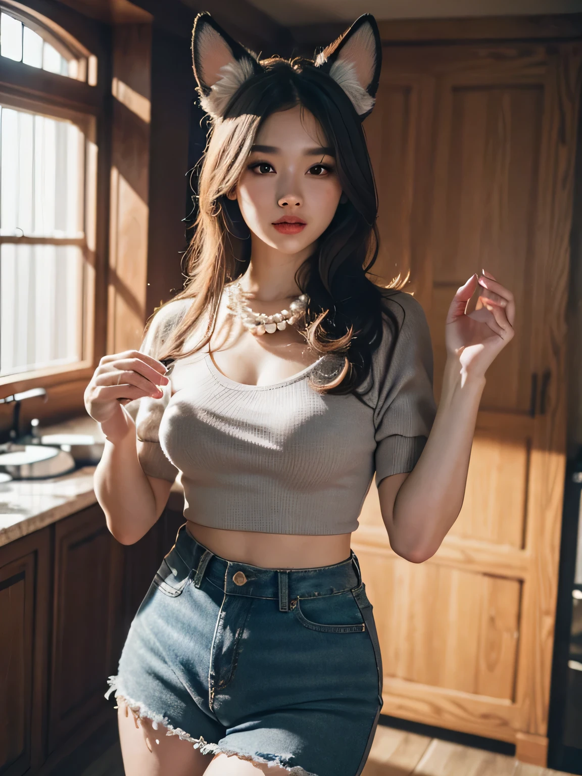 (best quality,4k,8k,highres,masterpiece:1.2),ultra-detailed,(realistic,photorealistic,photo-realistic:1.37),Medium Butterfly cut hair color gray,Oval face,white flawless fur,Round eyes color amber,bottom nose,round full lips,douyin makeup palette color brows,long lashes,dog furry girl,croptop black,jean skirt with Doubles,pearl necklace,hand warmer,Dog ears,Dog tail,Hourglass body
