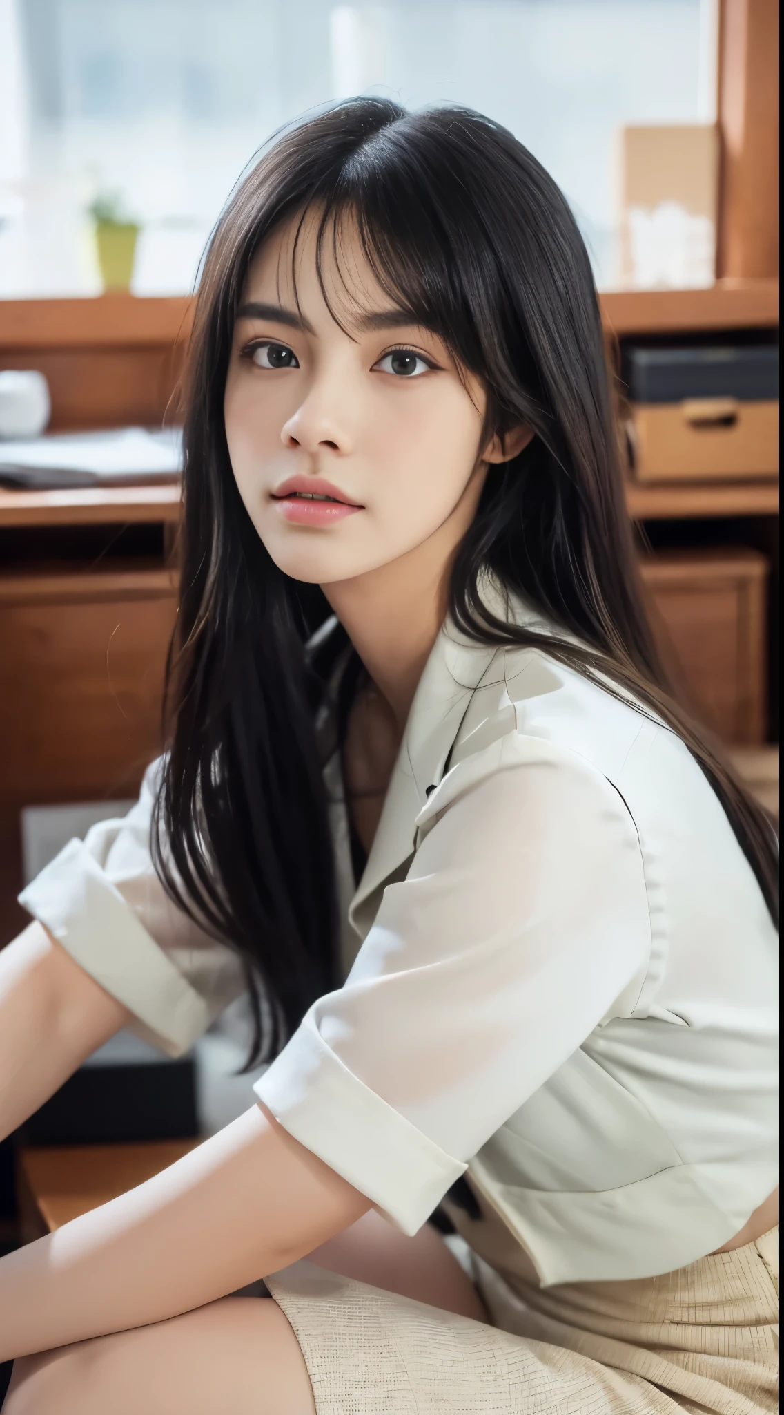 Highly detailed face, sit on a chair,work in the office, (office suit,white shirt, skirt), (black layered hair), crossed legs, RAW photo, (8K, highest quality, master piece:1.2), (Photoreal:1.4), octane rendering, Ultra-detailed complex 3D renderings, soft light in the studio, rim light, vivid details, super detail, realistic skin texture, beautiful detailed eyes, looking at viewer, Highly detailed CG Unity 16k wallpaper, (detailed background:1.2),