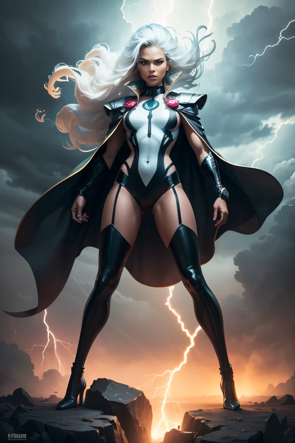 best quality,highres,ultra-detailed,realistic:1.37,professional, black skin, dynamic,action shot,storm character art,storm from the X-Men,storm conjuring lightning,storm with flowing white hair,storm with intense gaze,storm in a powerful pose,strong facial features,storm's iconic cape,storm surrounded by storm clouds,storm with dramatic lighting,storm's eyes glowing white,storm's lightning powers crackling,storm with an intense expression,storm with a determined look,storm wearing her classic costume,storm floating in the air,storm with winds swirling around her,storm creating a thunderstorm,storm casting lightning bolts,storm's cape billowing in the wind,storm with a fierce and confident posture,vivid colors,bokeh,portrait