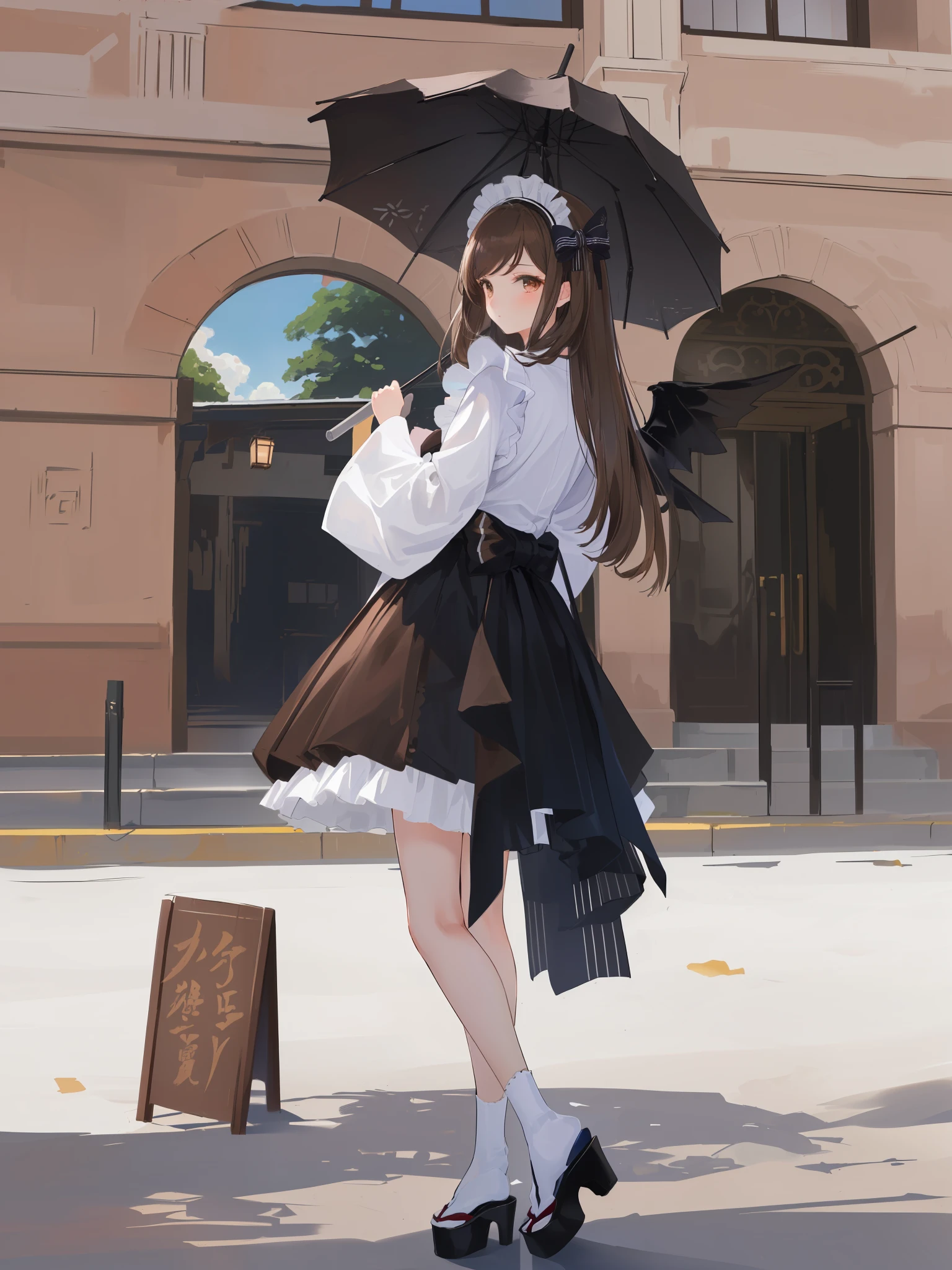 (brown long hair swept bangs:1.3), araffe dressed in a black and white outfit holding an umbrella, lolita style, victorian gothic lolita fashion, lolita fashion, , kantai collection style, sakimichan, japanese clothes, rin, maid outfit, hakama kimono, intricate hakama, fantasy style clothing, hip skirt wings, lolish, lolita