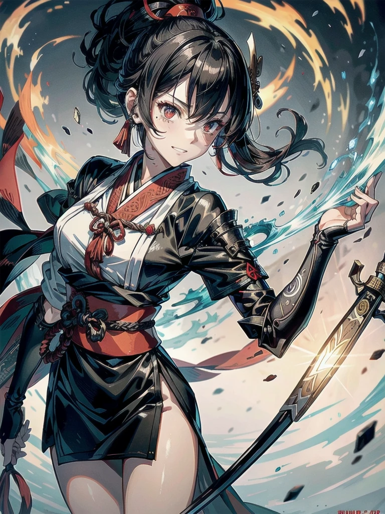 ((in shrine)), red-black costume, holding a sword, Onmyoji, nobushi, Flowing white robe, Ghost fire, Daoism, (put on Mask), absurdres, RAW photo, extremely delicate and beautiful, masterpiece, Best Quality, ultra high resolution, 32k, hyperrealistic, ultra-detailed, detailed description, pale skin, 20 years old, tearful mole, earring, Colossal tits, short medium hair, wavy hair, evil grin, full body shot,