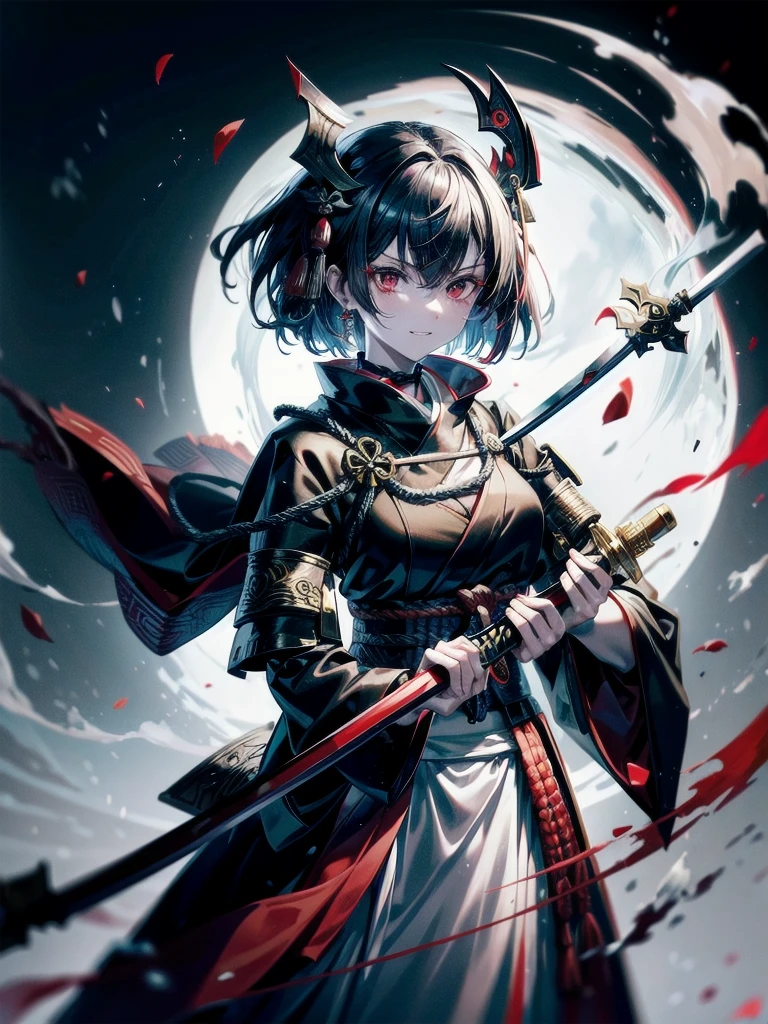 ((in shrine)), red-black costume, holding a sword, Onmyoji, nobushi, Flowing white robe, Ghost fire, Daoism, (put on Mask), absurdres, RAW photo, extremely delicate and beautiful, masterpiece, Best Quality, ultra high resolution, 32k, hyperrealistic, ultra-detailed, detailed description, pale skin, 20 years old, tearful mole, earring, Colossal tits, short medium hair, wavy hair, evil grin, full body shot,