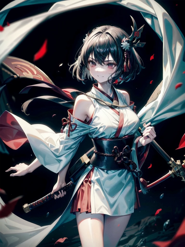 ((in shrine)), red-black costume, holding a sword, Onmyoji, nobushi, Flowing white robe, Ghost fire, Daoism, (put on Mask), absurdres, RAW photo, extremely delicate and beautiful, masterpiece, Best Quality, ultra high resolution, 32k, hyperrealistic, ultra-detailed, detailed description, pale skin, 20 years old, tearful mole, earring, Colossal tits, short medium hair, wavy hair, evil grin, full body shot,