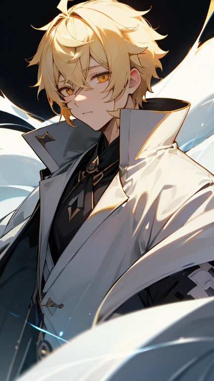 Aether from Genshin Impact. Blonde short hair. 1boy. Golden eyes. Perfect face. Glowing eyes. White coat with black fur.
