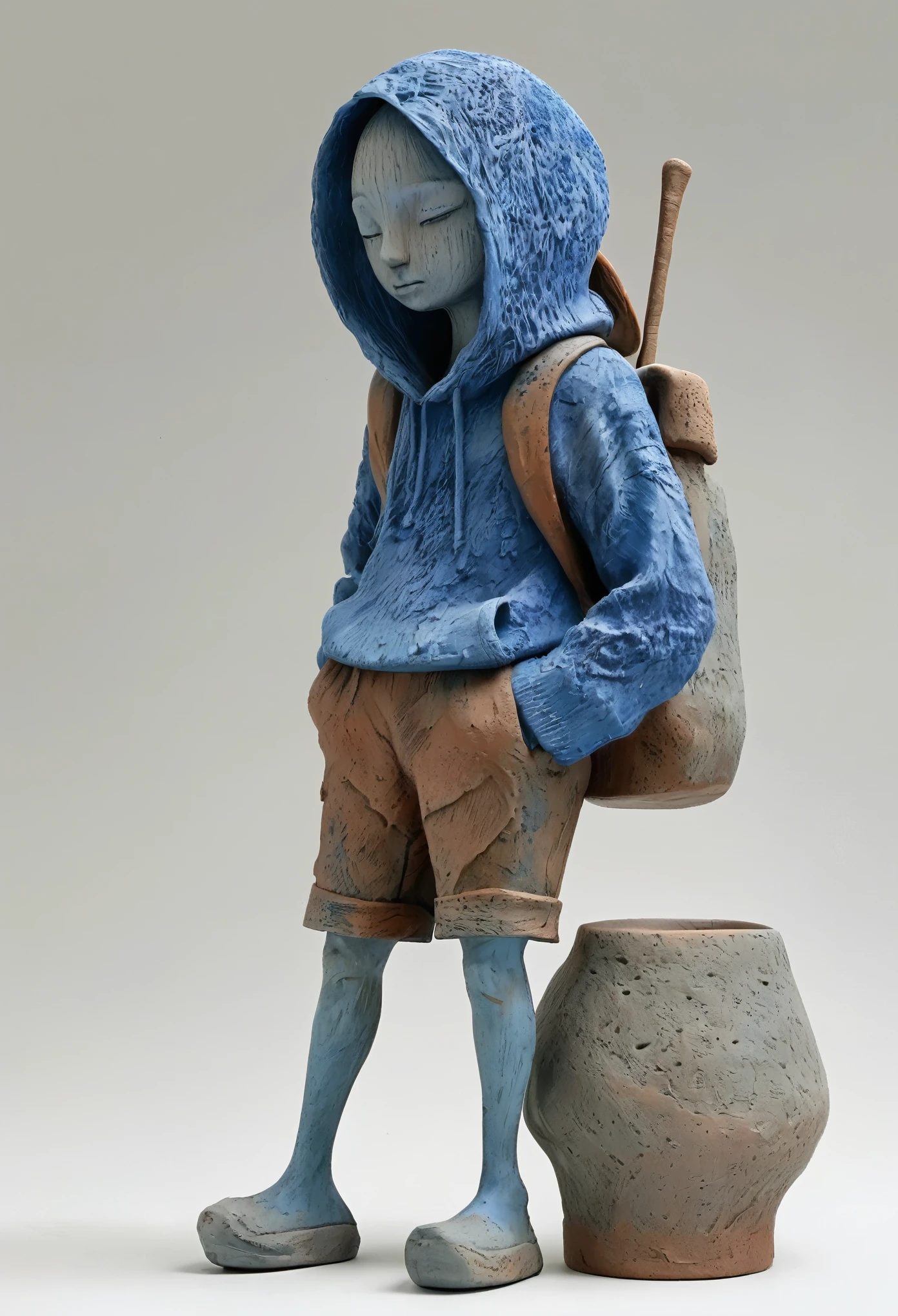 (best quality:1.2),ultra-light Clay, Clay, Pottery, Rough knitted texture, distressed, dirty, mineral pigments, 3D Clay sculpture art, Clay sculpture, Rough surface, (Art work，Blue Hoodie，Shefner the Dwarf,Long legs，concept art,)