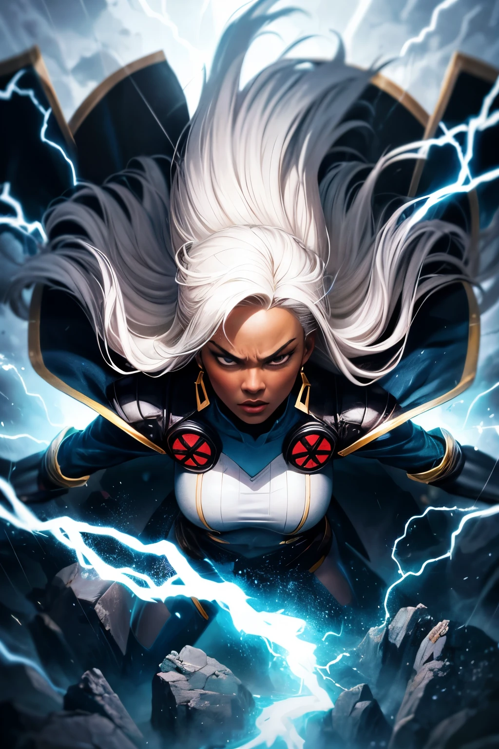 best quality,highres,ultra-detailed,realistic:1.37,professional, black skin, dynamic,action shot,storm character art,storm from the X-Men,storm conjuring lightning,storm with flowing white hair,storm with intense gaze,storm in a powerful pose,strong facial features,storm's iconic cape,storm surrounded by storm clouds,storm with dramatic lighting,storm's eyes glowing white,storm's lightning powers crackling,storm with an intense expression,storm with a determined look,storm wearing her classic costume,storm floating in the air,storm with winds swirling around her,storm creating a thunderstorm,storm casting lightning bolts,storm's cape billowing in the wind,storm with a fierce and confident posture,vivid colors,bokeh,portrait